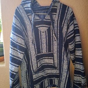 Men's Blue and White Striped Drug Rug Hoodie Hippie Rave Fit New Size L